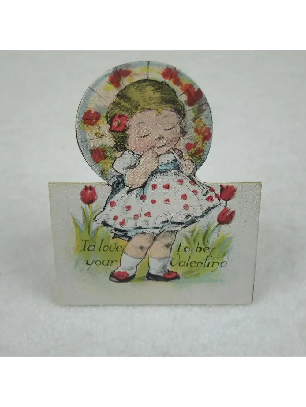 Vintage Valentine Cutout Card Stand Up Blonde Girl Parasol Red 1920-30s UNSIGNED